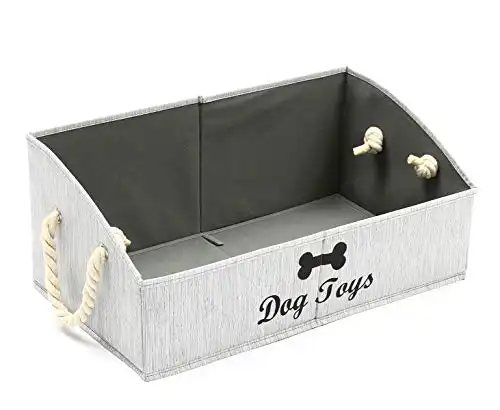 Geyecete Large Dog Toys Storage Bins-Foldable Fabric Trapezoid Organizer Boxes with Weave Rope Handle,Collapsible Basket for Shelves,Dog Apparel(Gray-Dog)